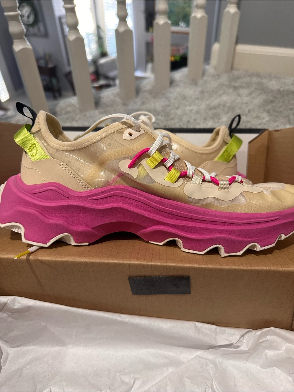 Sorel Beige Sneakers with Hot Pink Platform and Neon Yellow Accents